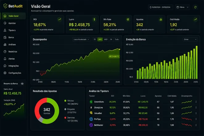 Dashboard BetAudit — visão geral com ROI, win rate, evolução da banca e análise de tipsters